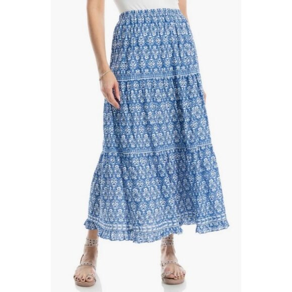 💕MAX STUDIO💕 Tiered Cotton Blend Maxi Skirt Blue White Paisley Panache XL NWT - Picture 1 of 4